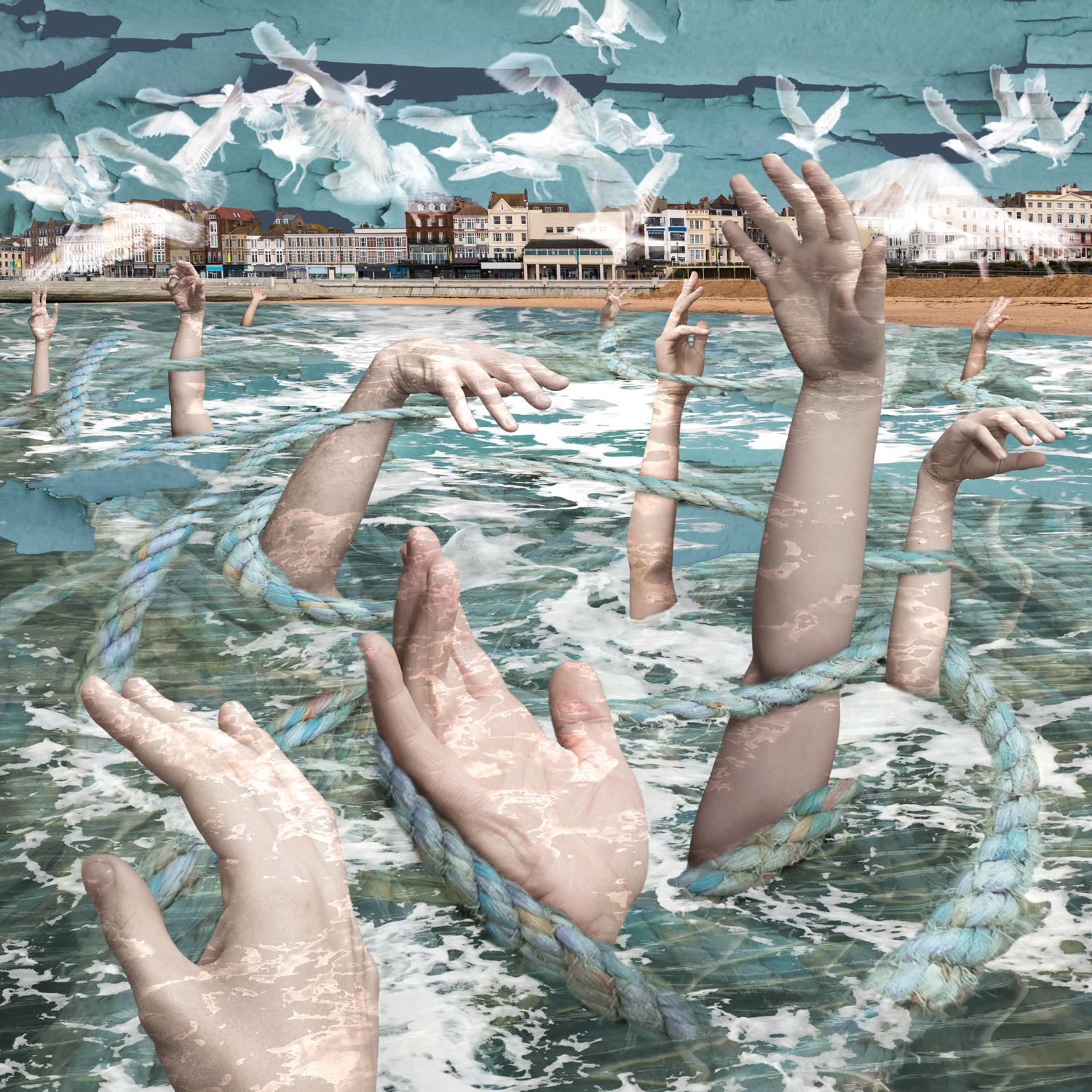 Claire Gill, Artist, Digital Photomontage, The Wasteland by TS Eliot, Death by Drowning, On Margate Sands, Lombard Street Gallery, The Wasteland, TS Eliot, Photomontage, Limited Edition Print, Margate, hands, sea