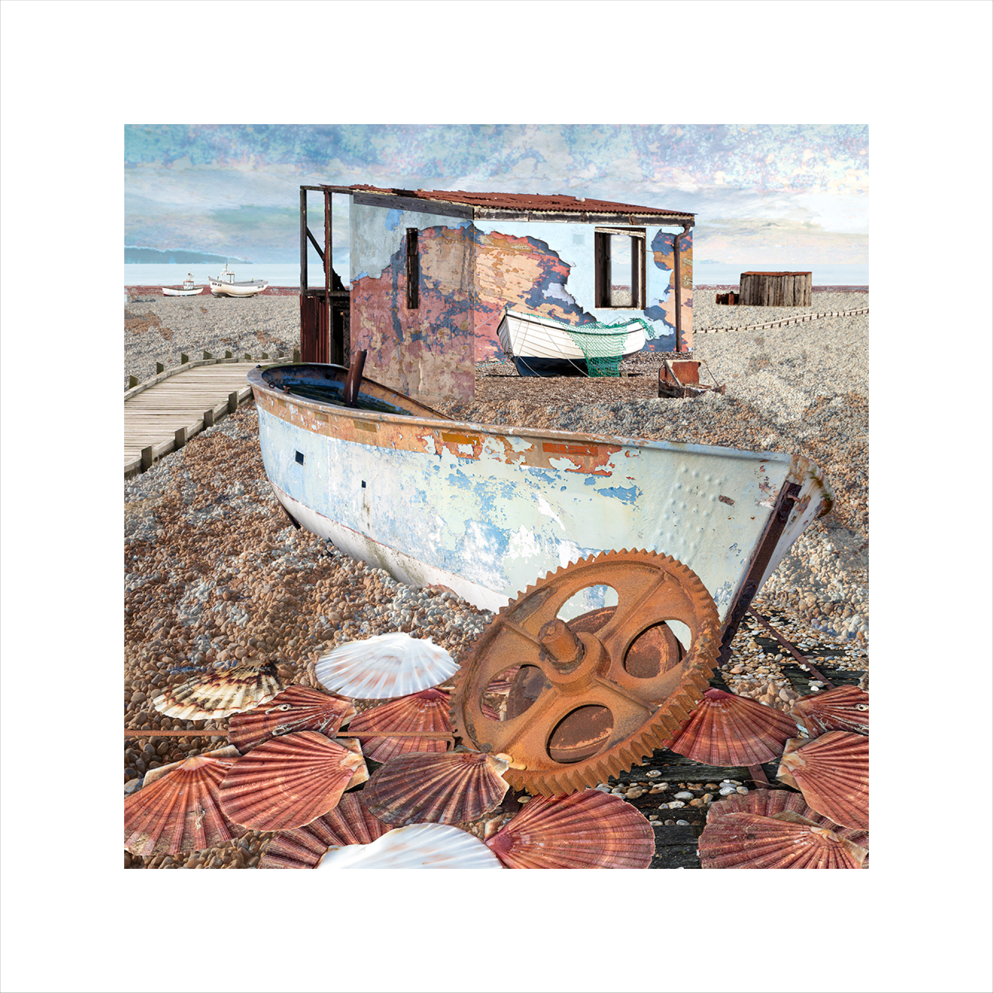 Affordable Art, Art for Sale, Art online, Art prints, Claire Gill, Arist, Limited Edition Prints, Seascape 62 limited edition print, buy art, seascapes, collect art, beach, boat, coastal art, Dungeness, Shell