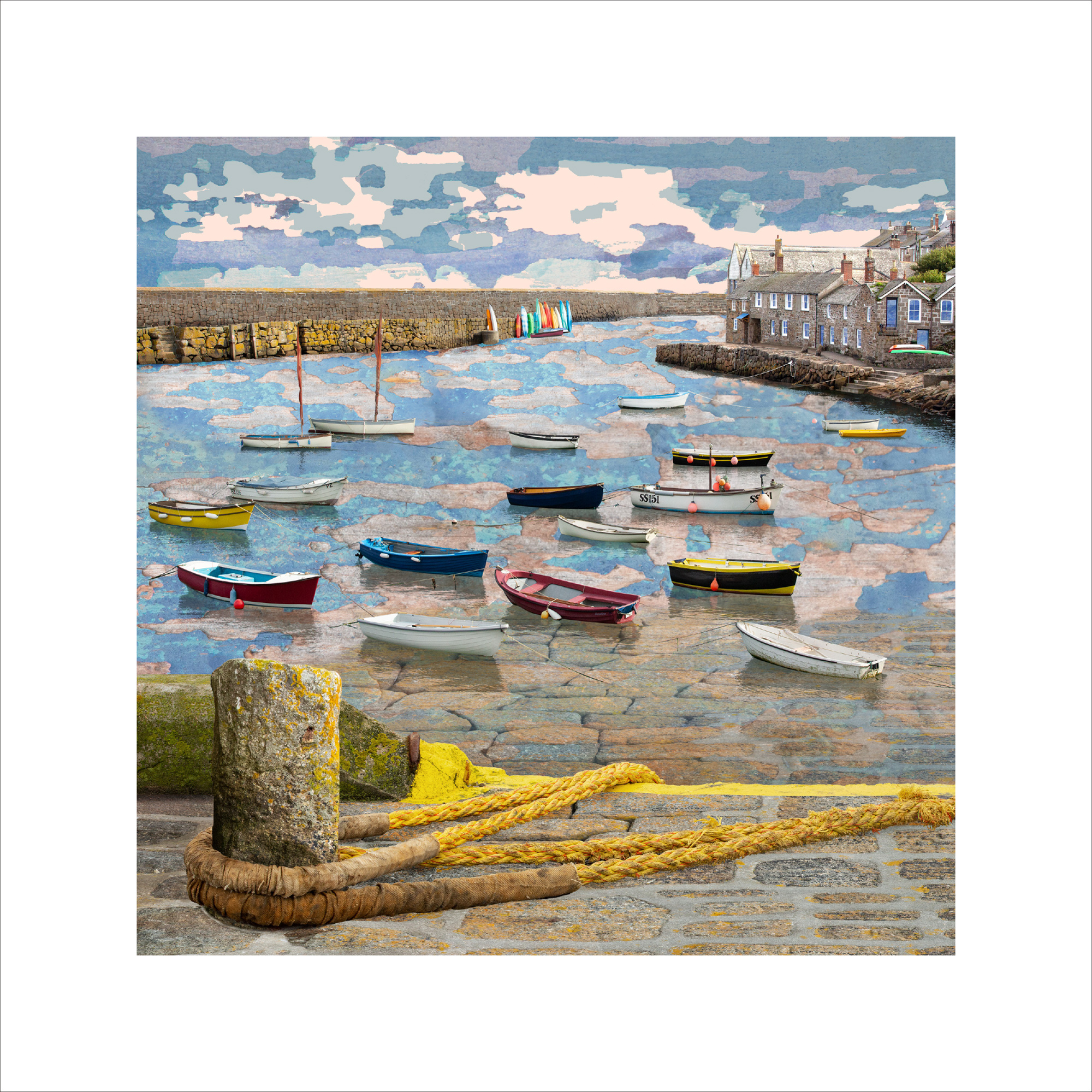 Mousehole Fine art  print, cornwall art, cornish coastline art prints, cornwall scenery prints,Claire Gill Artist, Seascape print, Limited Edition Print, hahnemuhle, Coastal Art, Mousehole Harbour, Mousehole, Cornwall, Cornish Coast, Buy Art, Art for interiors, boats, photomontage, fine art print, Cornish Coastal artist