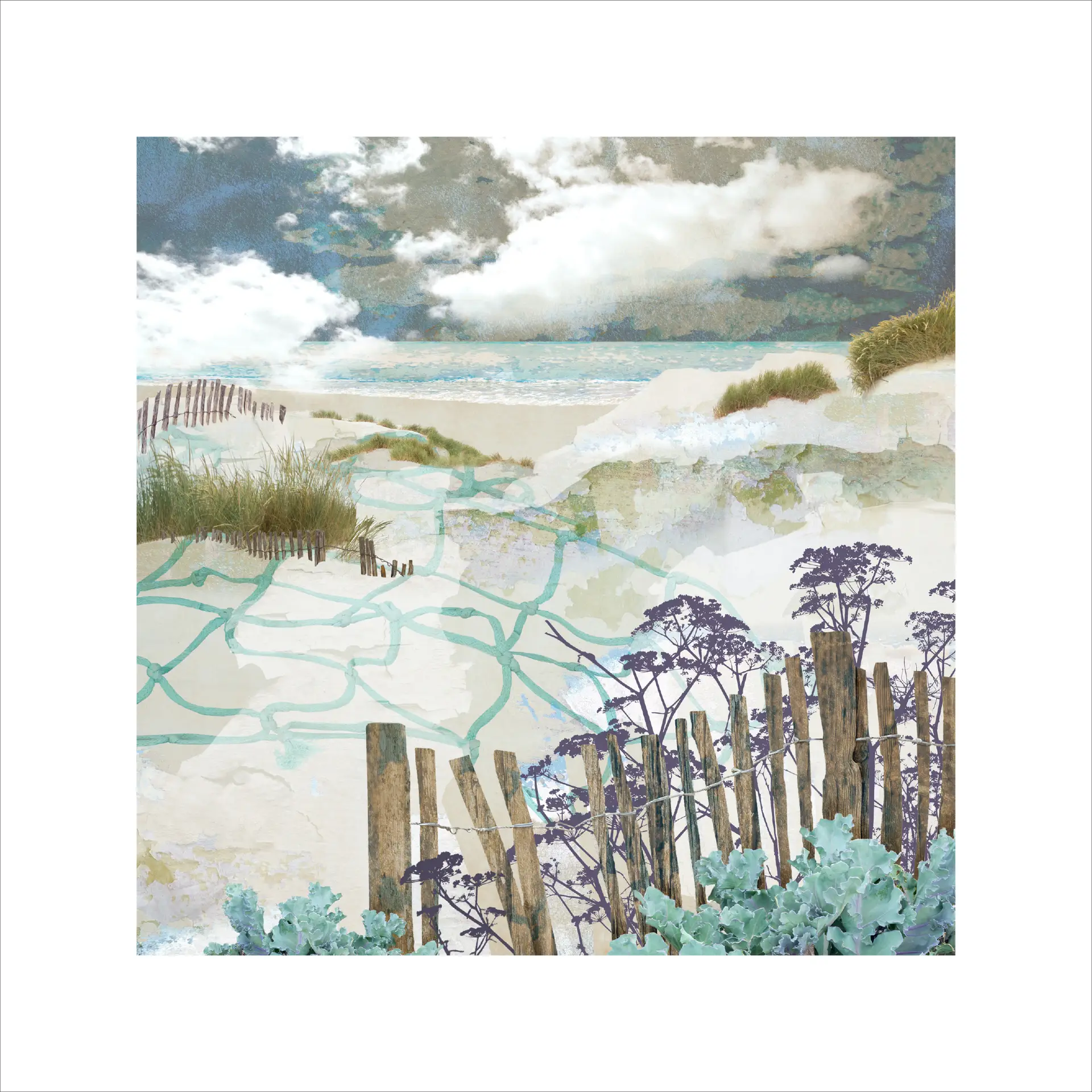 Camber sands fine art print, Seascape print, camber sands, limited edition print, fine art print, photomontage, sand dunes, powder sand, dune grass, kent coast, buy art collect art, Claire Gill Artist, photomontage, sea, beach