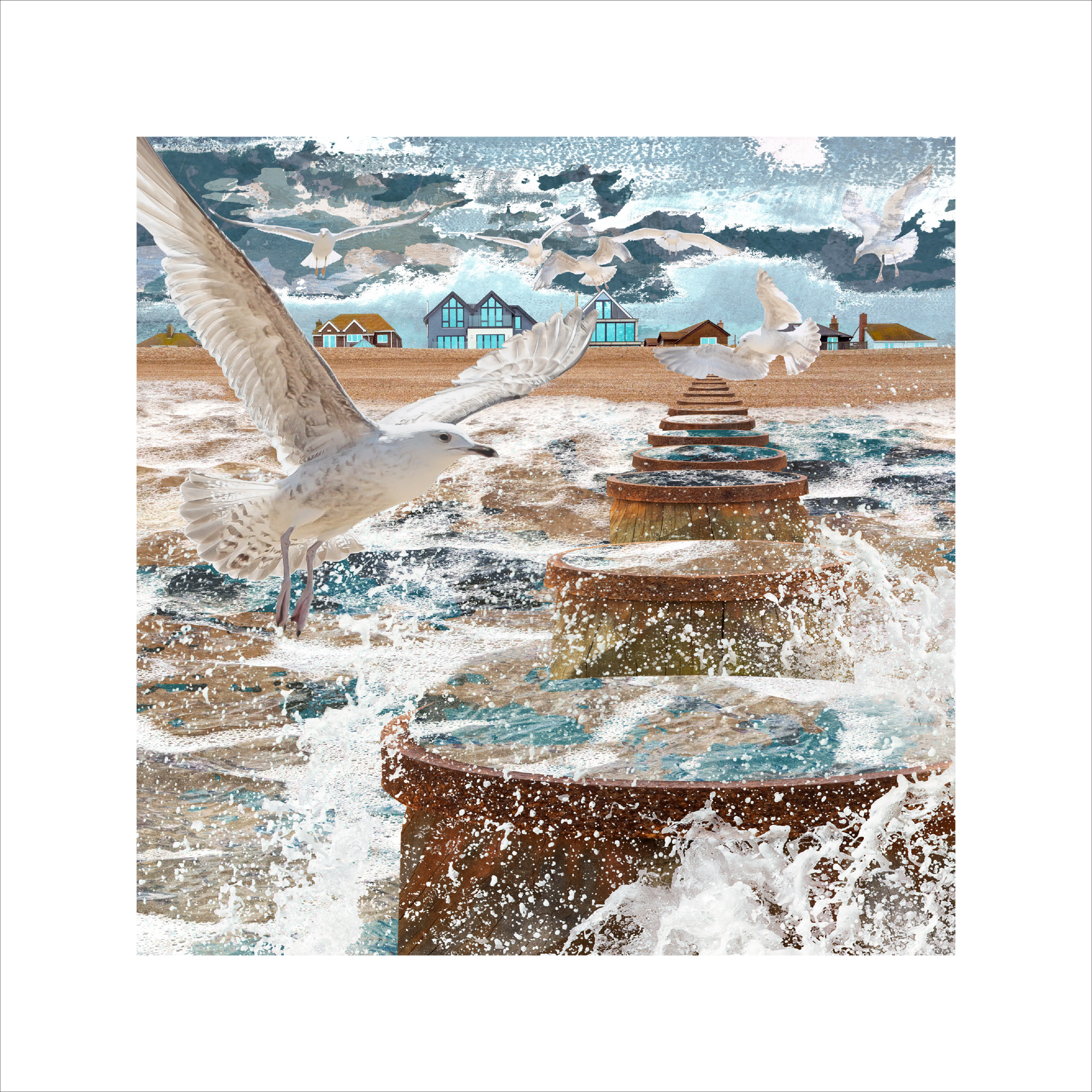 camber sands fine art print, seascape print, limited edition print, fine art print, collect art, buy art, Claire Gill Artist, photomontage, art for interiors, coastal art, camber sands, Kent coast, seagulls, groins