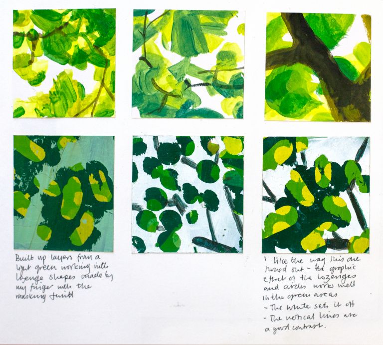 paint studies, sketchbook pages, green, paint layers, trees, sketchbook process,