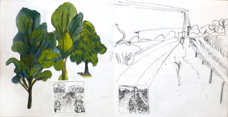 landscape drawing, trees, sketchbook process, landscape project, claire gill sketchbook,