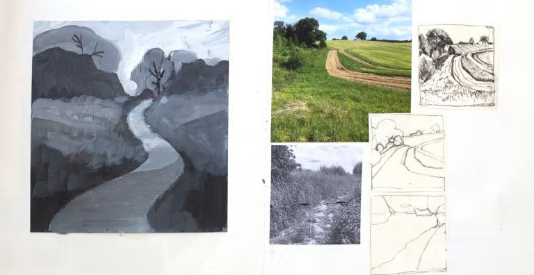 colour mixing, landscape studies, landscape painting, sketchbook process, art process, sketch book pages, claire gill sketchbook, tonal painting