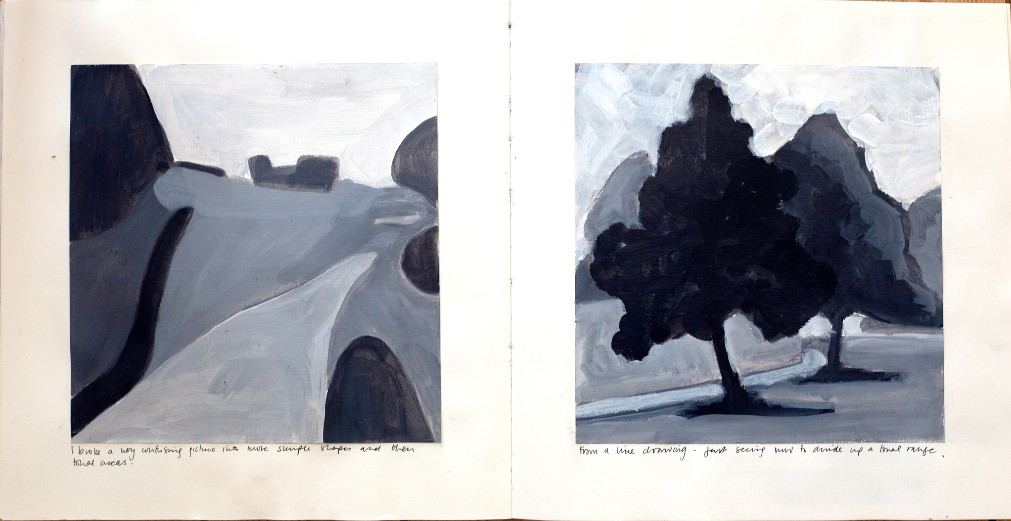 colour mixing, tonal painting, landscape studies, landscape painting, sketchbook process, art process, sketch book pages, claire gill sketchbook