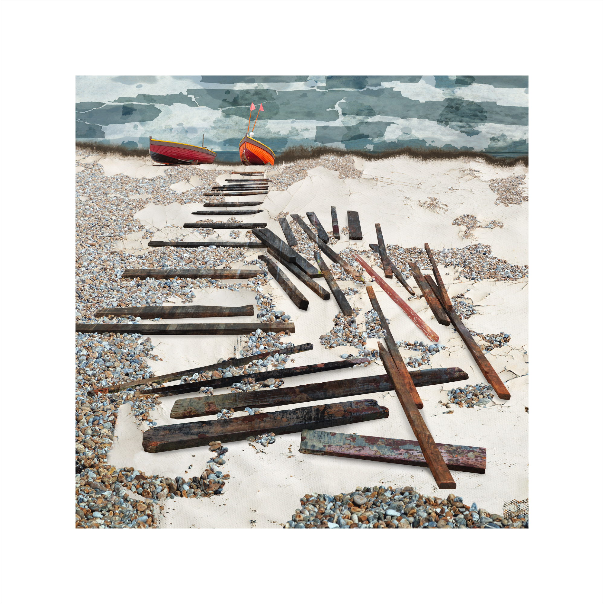Claire Gill Artist, British Artist, digital collage artist, photomontage artist, worthing beach, the broken path, seascape print, limited edition print, fine art prints for sale, sussex coast print, Worthing fine art print, red boats, seascape artist, Seascape art