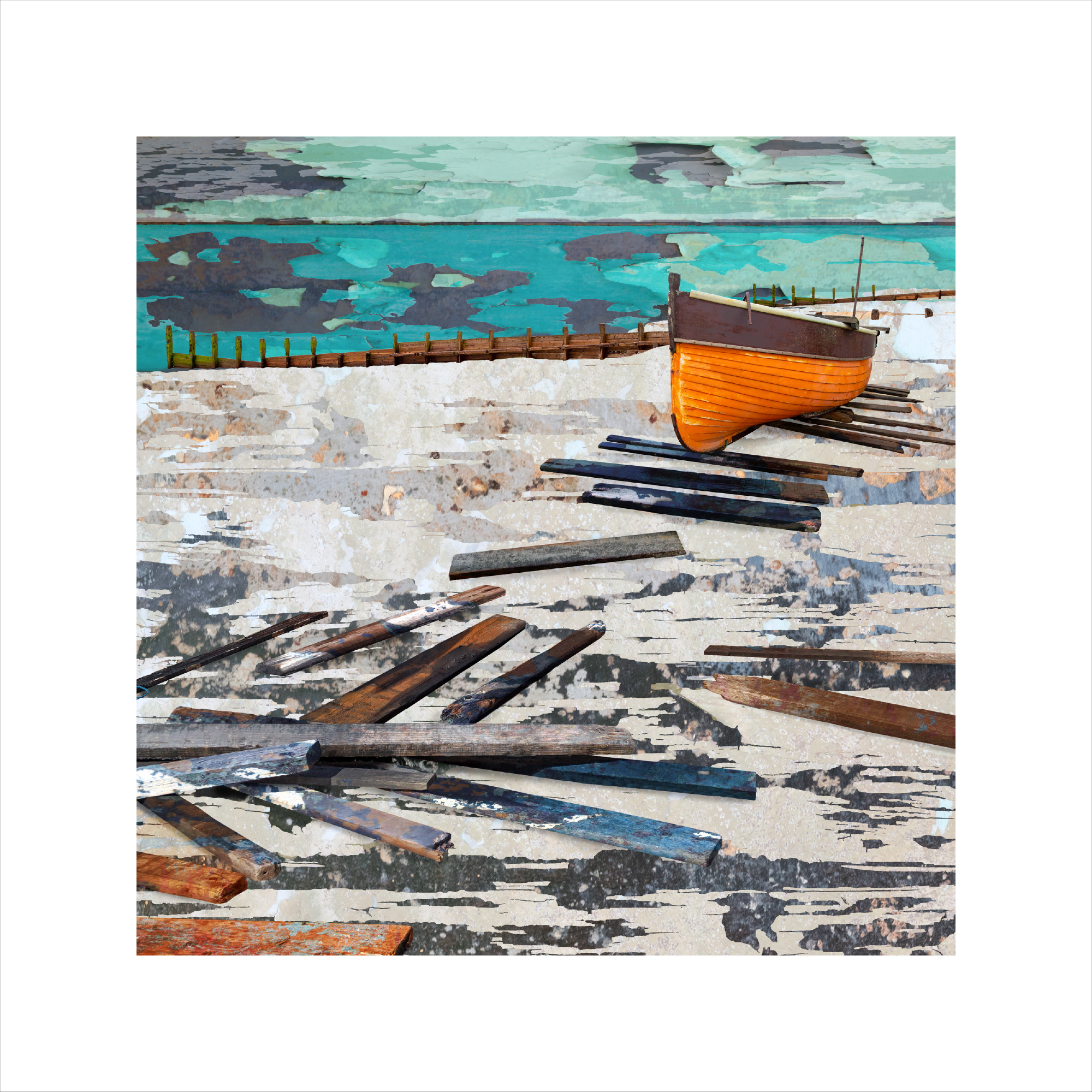 Claire Gill Artist, British Artist, digital collage artist, photomontage artist, worthing beach, seascape print, limited edition print, fine art prints for sale, sussex coastal print, Worthing fine art print, orange boat, seascape artist Seascape art, orange and blue, turquoise, into the blue,