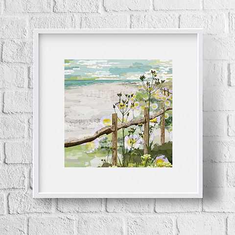 Medium vframed print, seascaep rpint, daisy print, flower print, fine art beach print with flowers, Claire Gill, seascape art, digital collage, contemporary photomontage