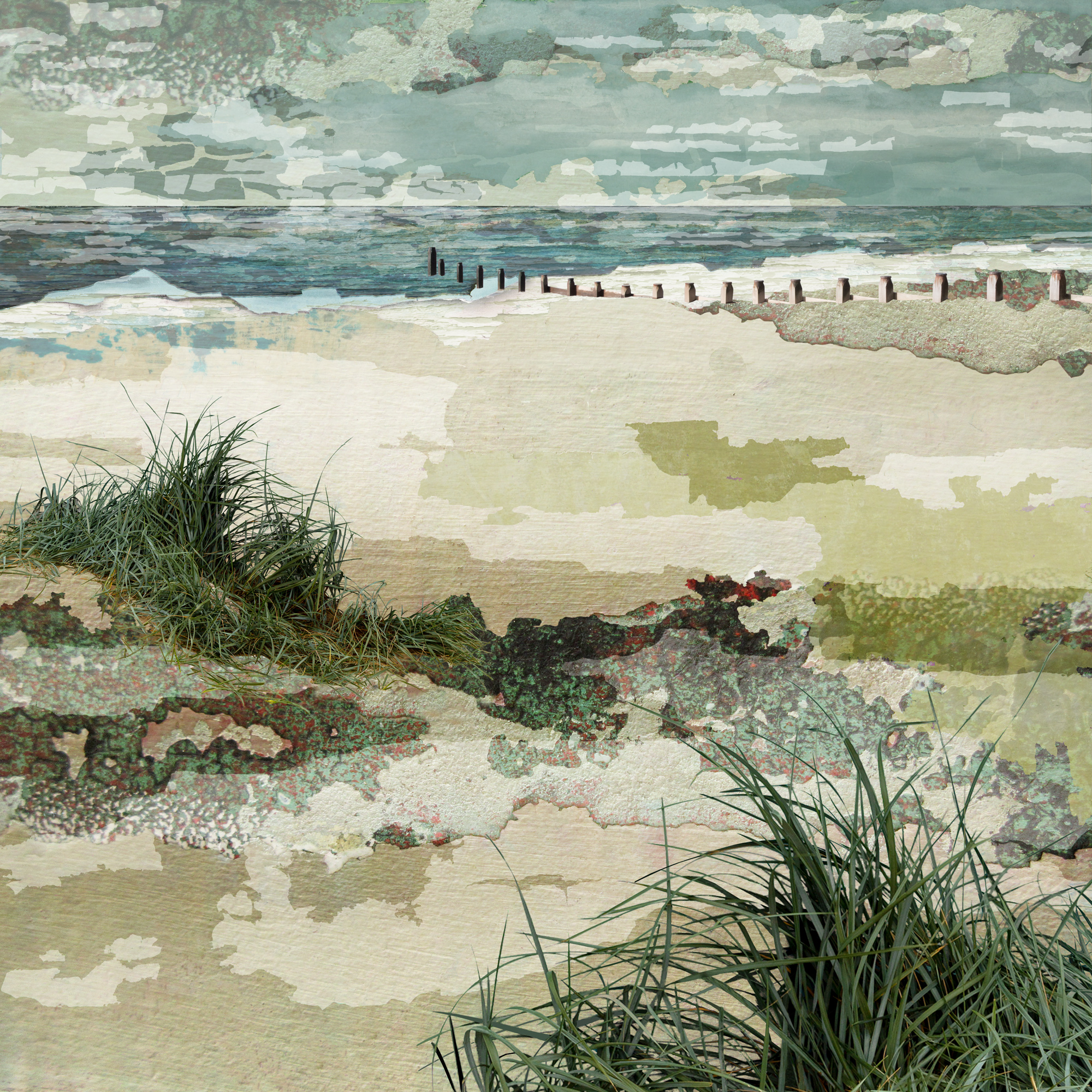 Southwold beach print, Southwold, artist Claire Gill, southwold beach, suffolk coast, beach, photomontage, digital collage, coastal art, beach art, limited edition print, seascape art, seascape print, contemporary photography, art prints for sale, collect art