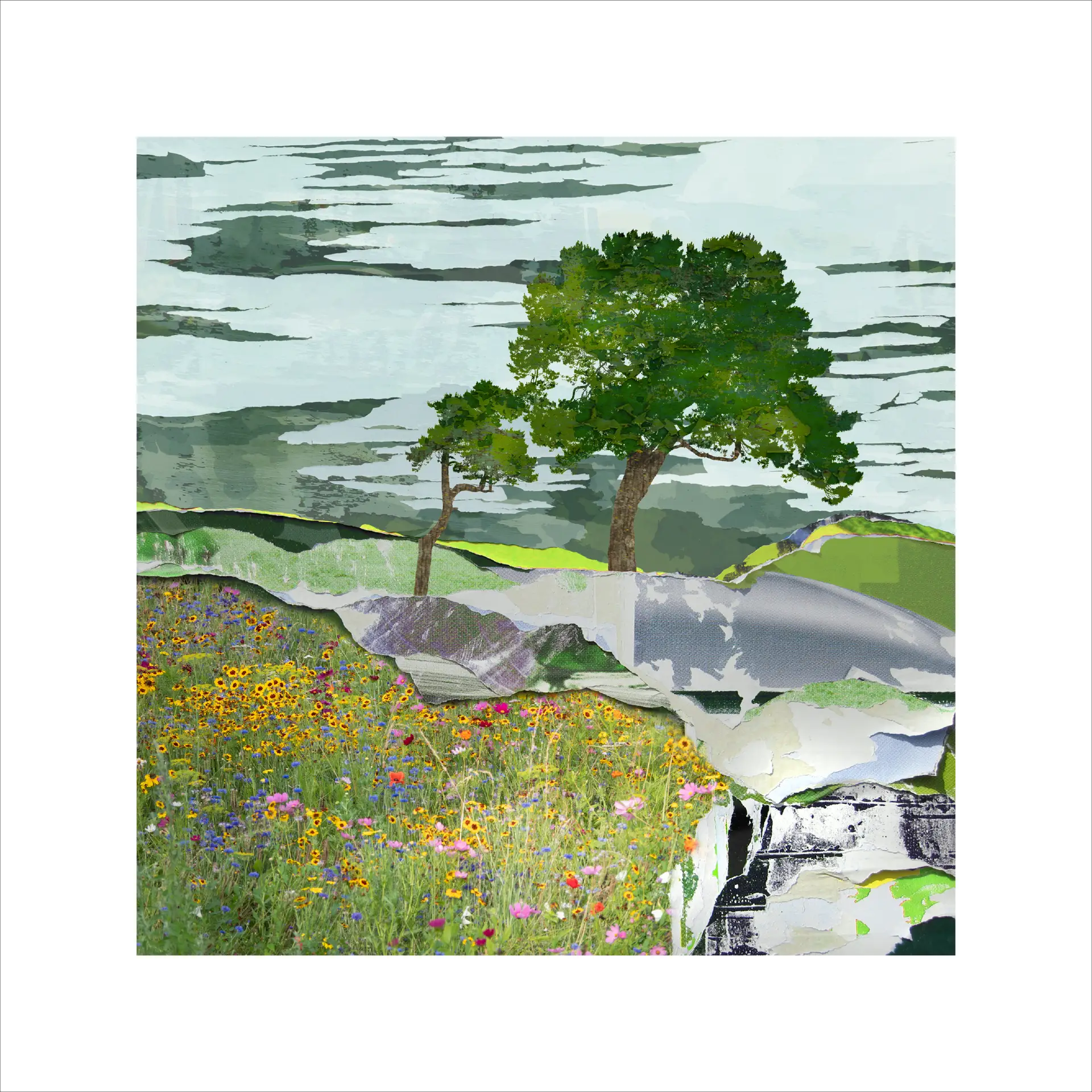 Landscape art, limited edition print, trees, digital collage, artist Claire Gill, landscape print, landscape collage, green print