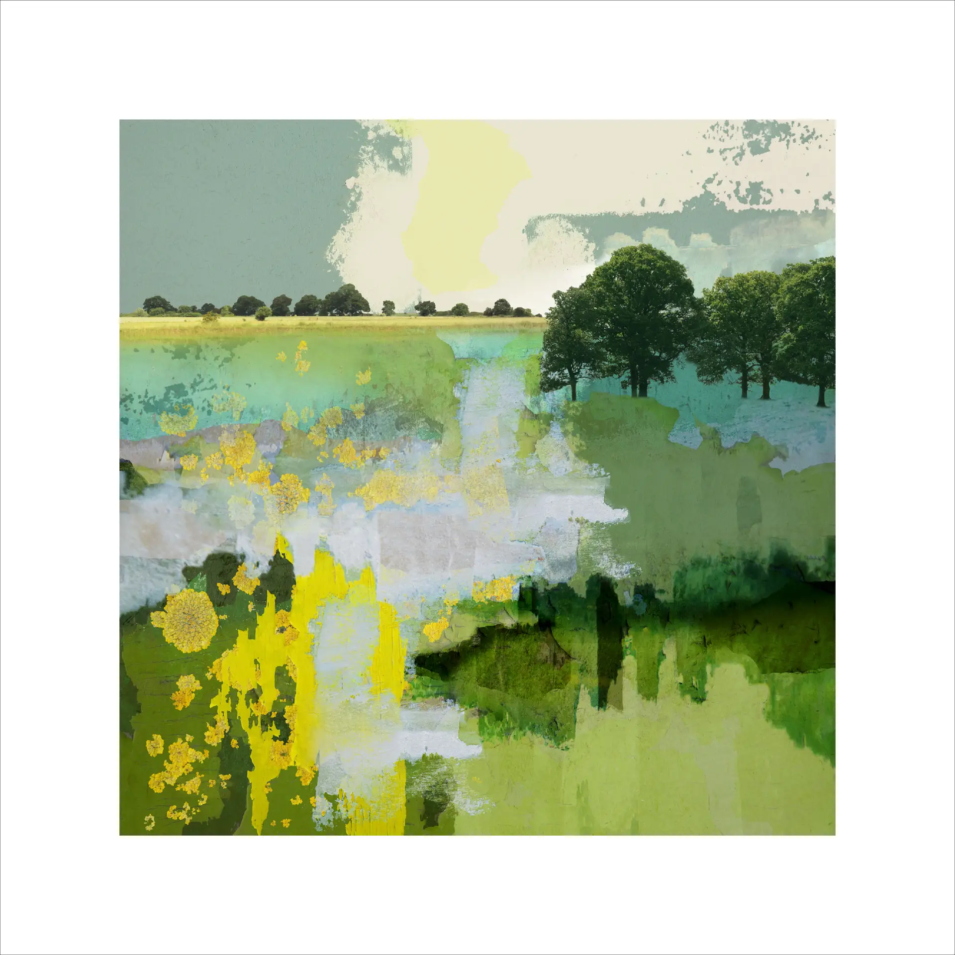 landscape art, clairegill, green art, digital collage, photomontage, art for interiors, the footsteps of spring, trees, fields, art for the home, limited edition print, treescape