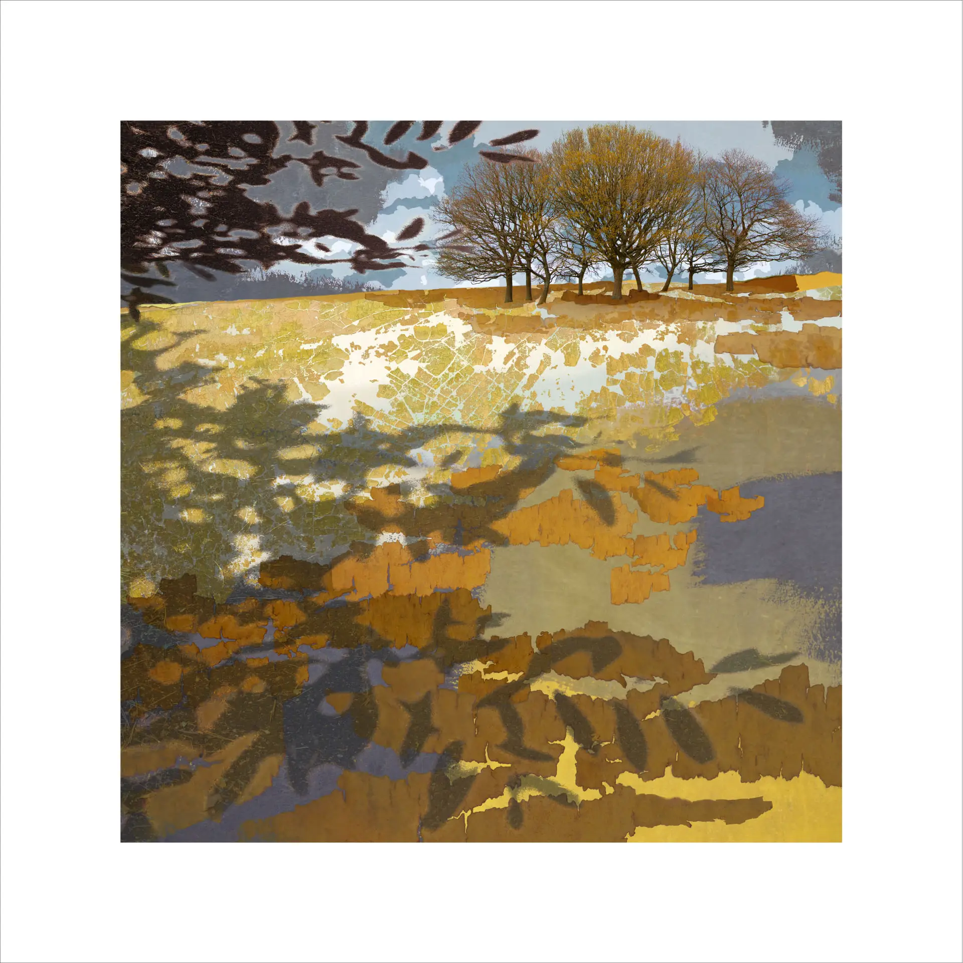 autumn print, autumnal, brown, yellow, trees cape, limited edition rpint, landscape art, autumn landscape, claire gill, digital collage, digital photomontage, print for sale,