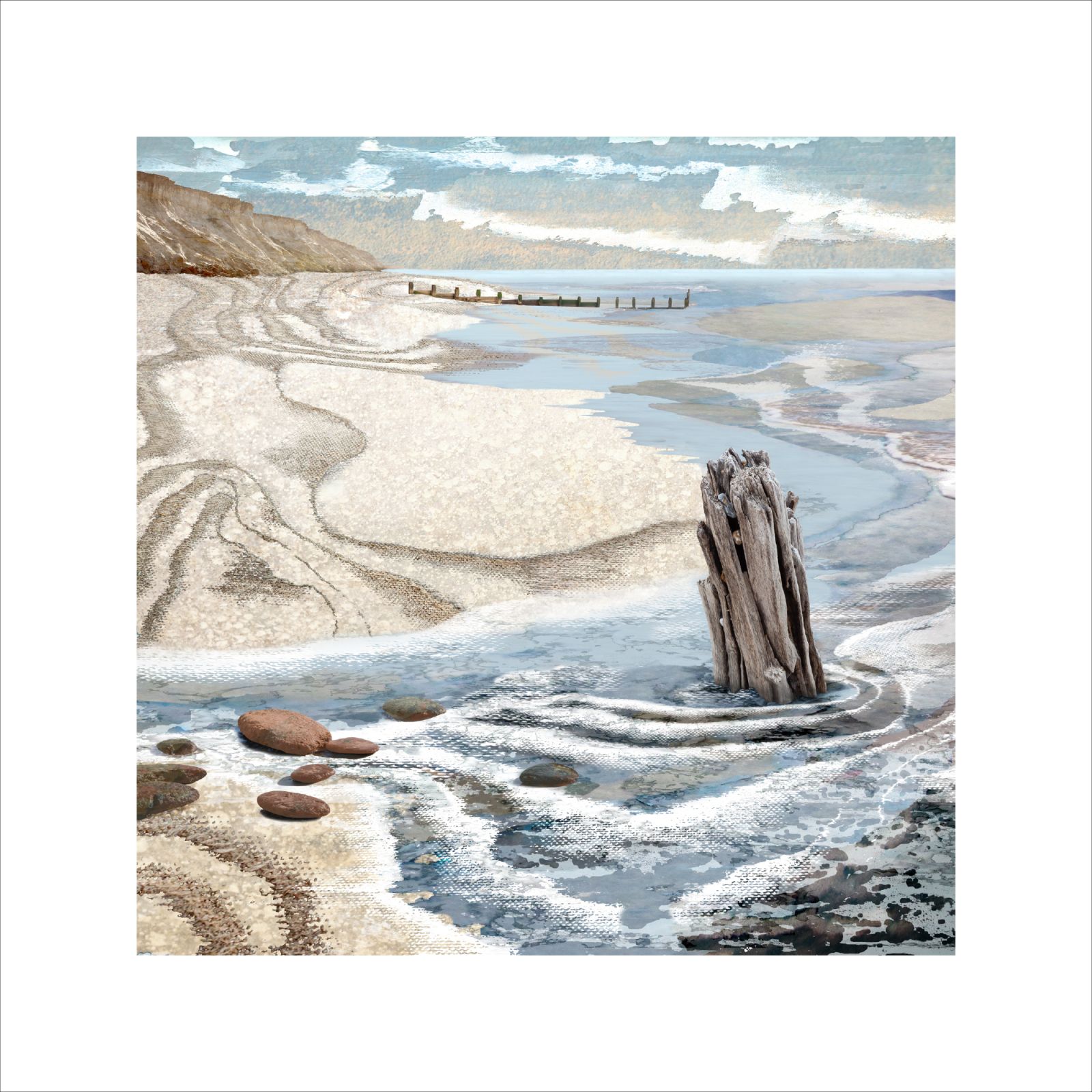 beach print, fine art print, seascape,coastal art, shoreline, suffolk coast, beach scene, kissing the shore, claire gill, limited edition print, hahnemuhle