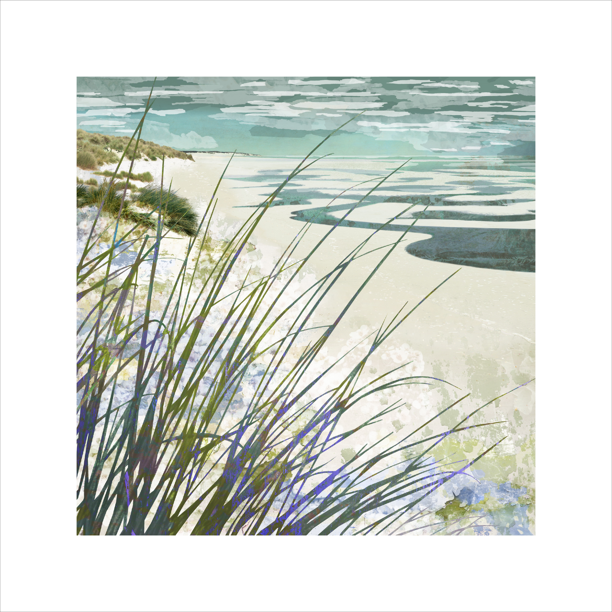 Sea lyme, dune grass, camber beach, limited edtition print, digital photomontage, claire gill, fine art print, digital collage, hahnemuhle, beach scene, beach printm seascape, coastal art, sand dunes