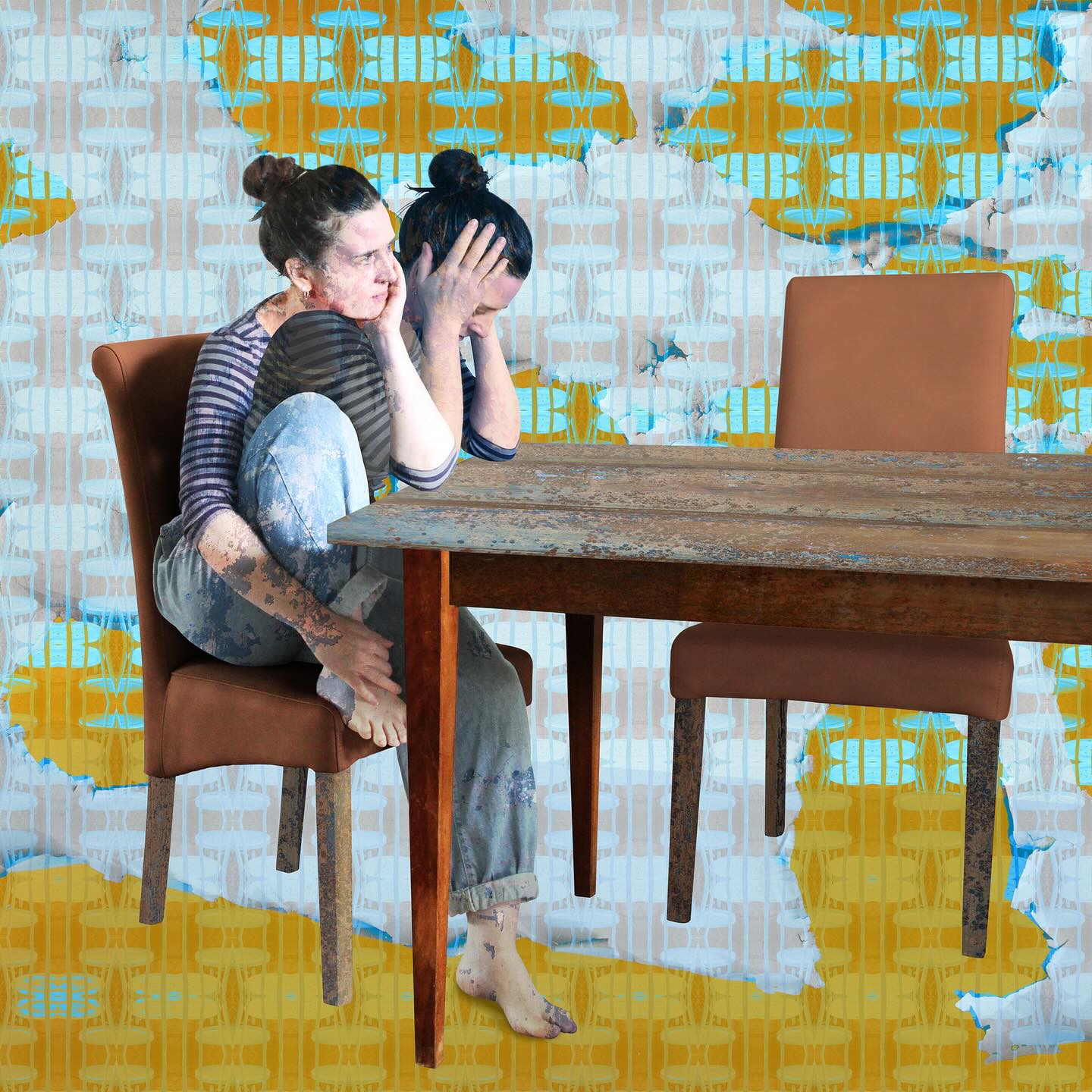 duality, two figures on a chair, self portrait, self reflection, neuro diversity, two people