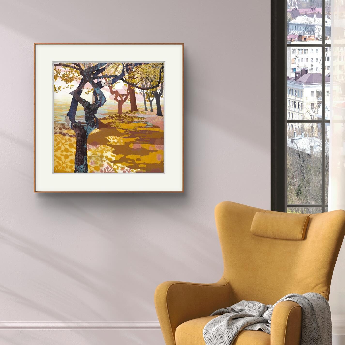 The shades of autumn, art for interiors, framed art, autumnal print, framed print in situ, art for walls