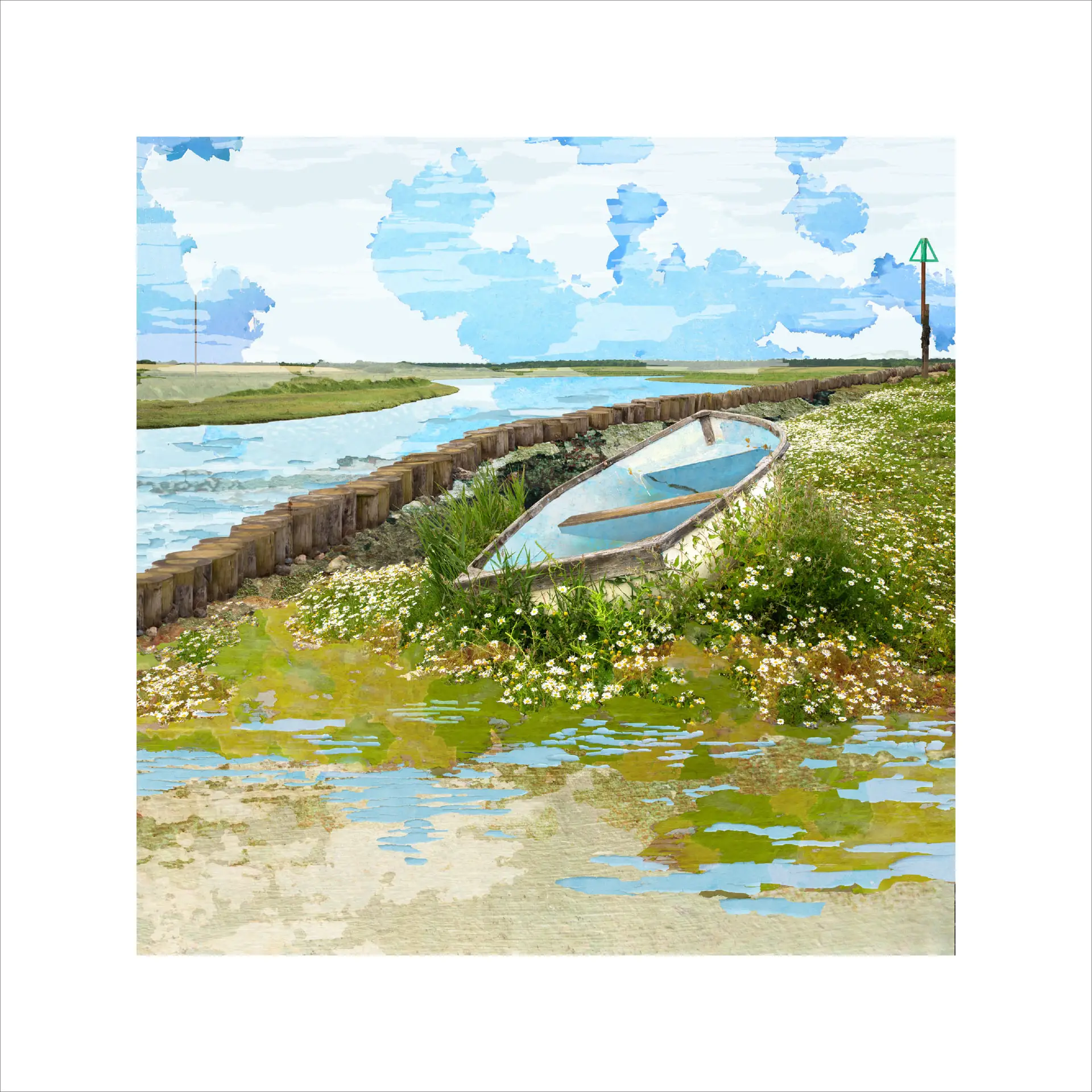 Seascape print, southwold harbour, riverside boat, grass, blue and green, riverbank print, daisies