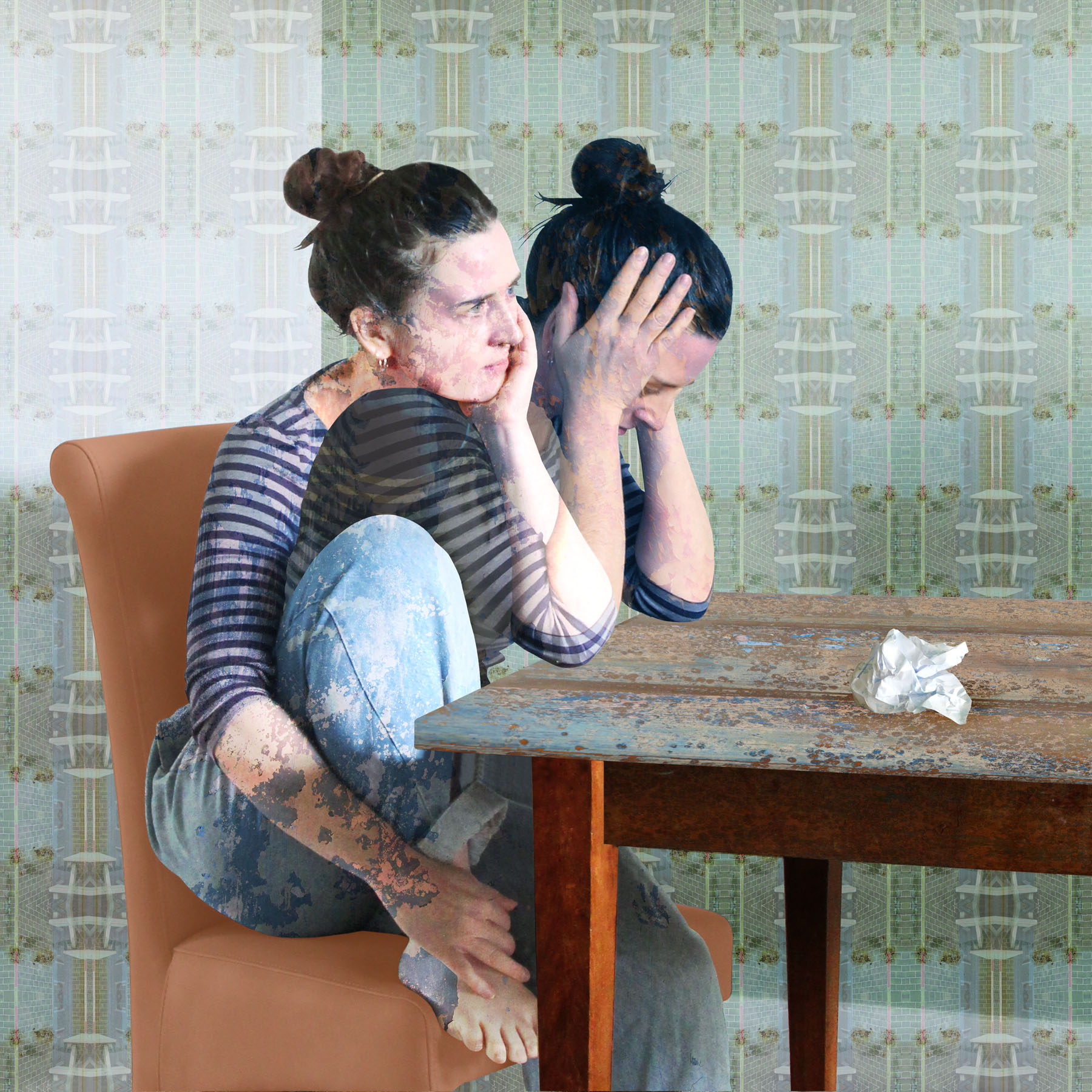 indecision, dulaity in art, self reflection, two figures at a table,
screwed up paper, 