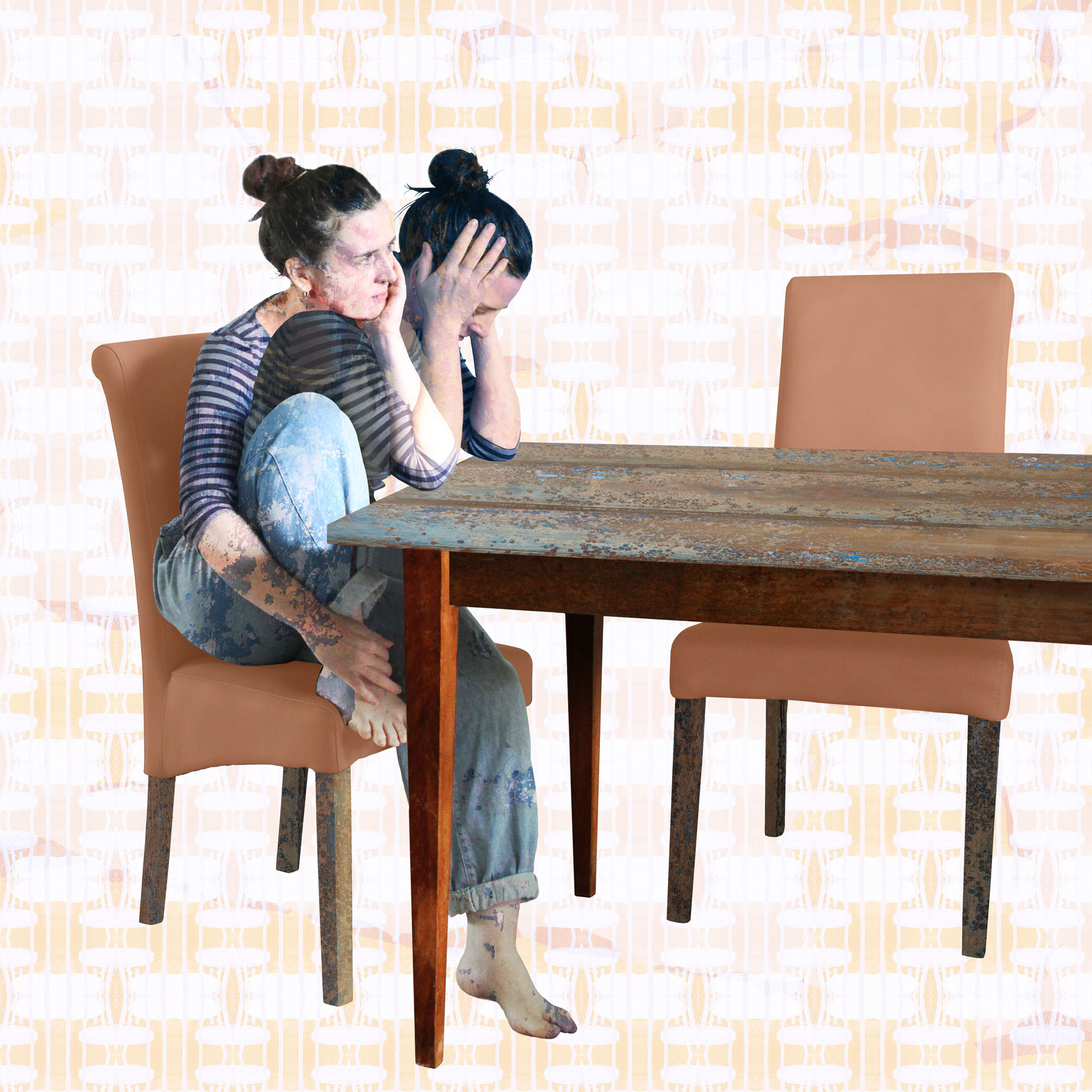 two people at a table, work in progress, duality in art