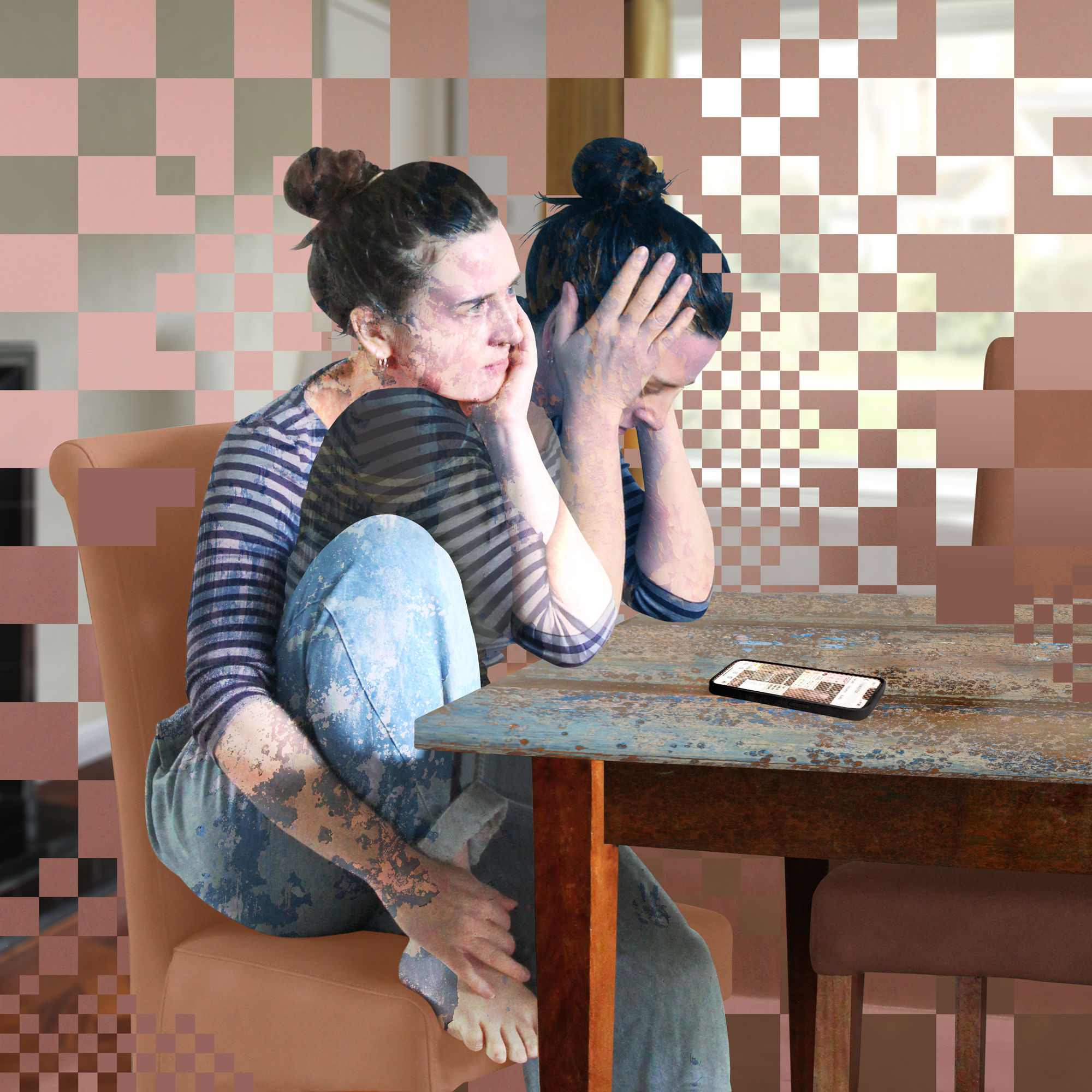 shifting perspective, neurodiversity in art, duality in art, internal versus external, pixellated, social media in art, two figures at a table, effect of social media