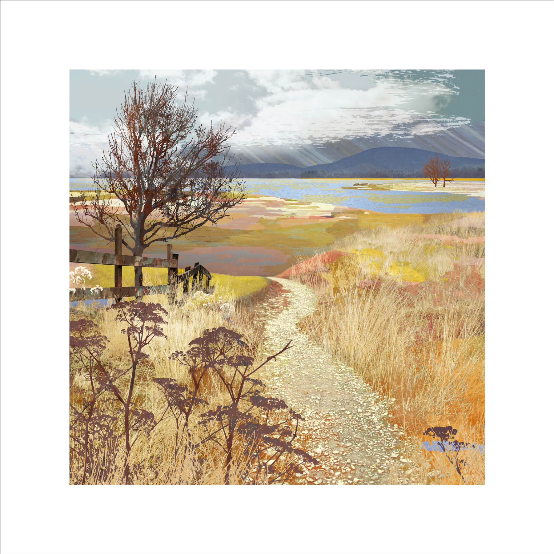 Treescape 15, The journey limited edition print showing a lake and mountains scene by Claire Gill