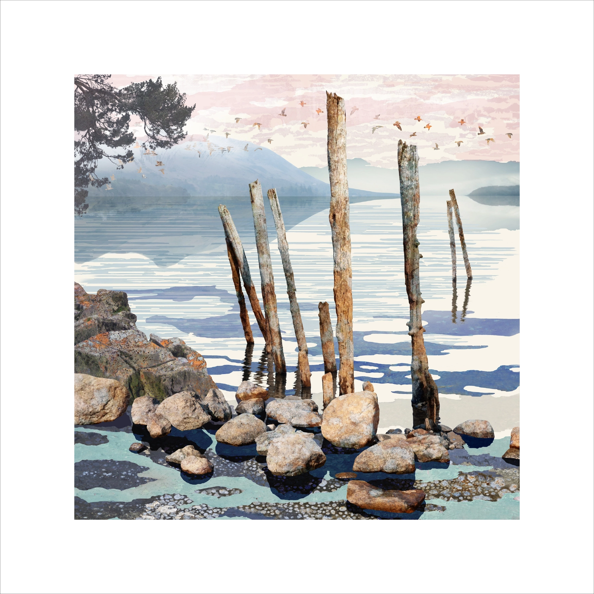 Limited edition print depicting the waters edge at Derwent Water at dusk in Keswick, made using digital photomontage.