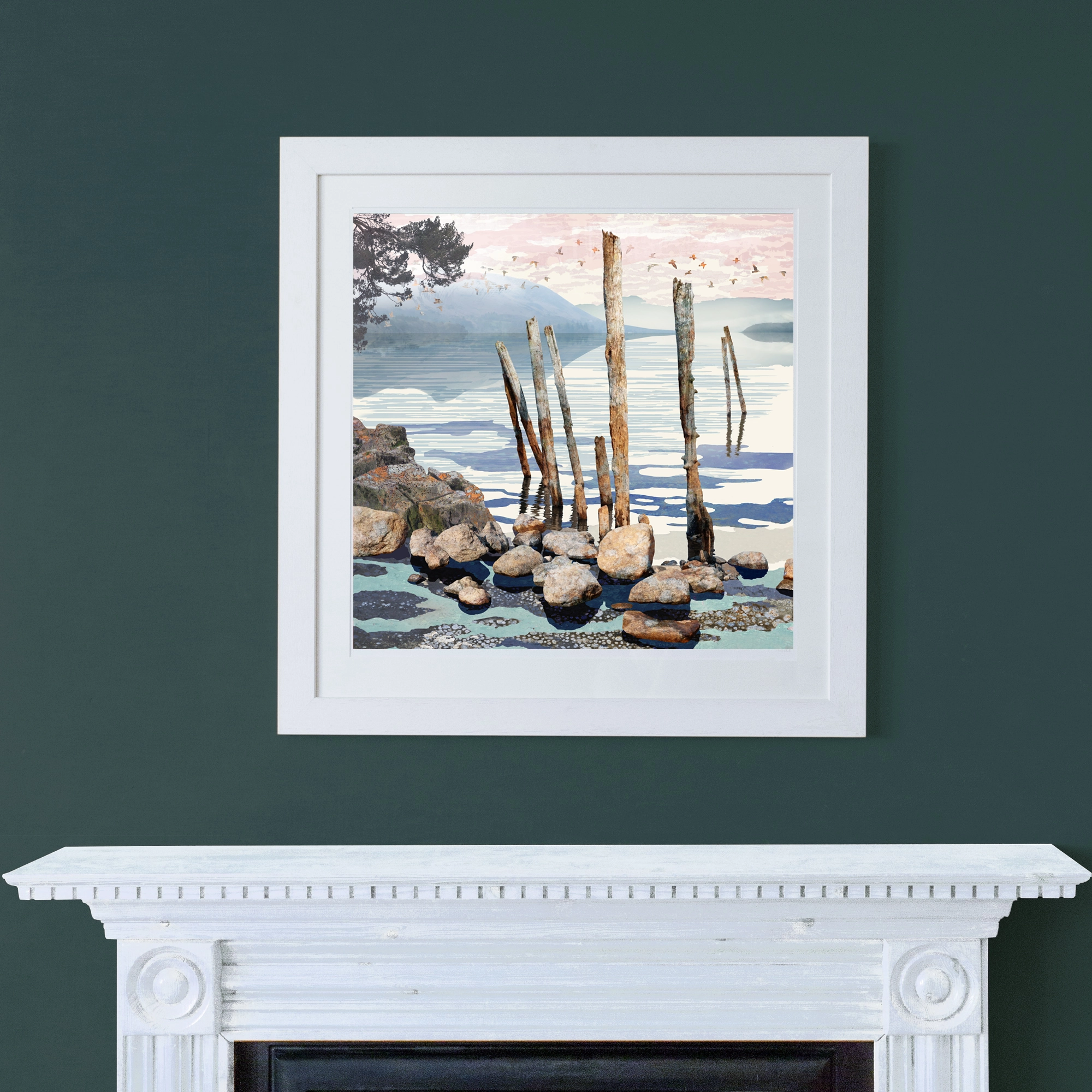 Framed limited eidtion print of a lake at dusk on a dark wall