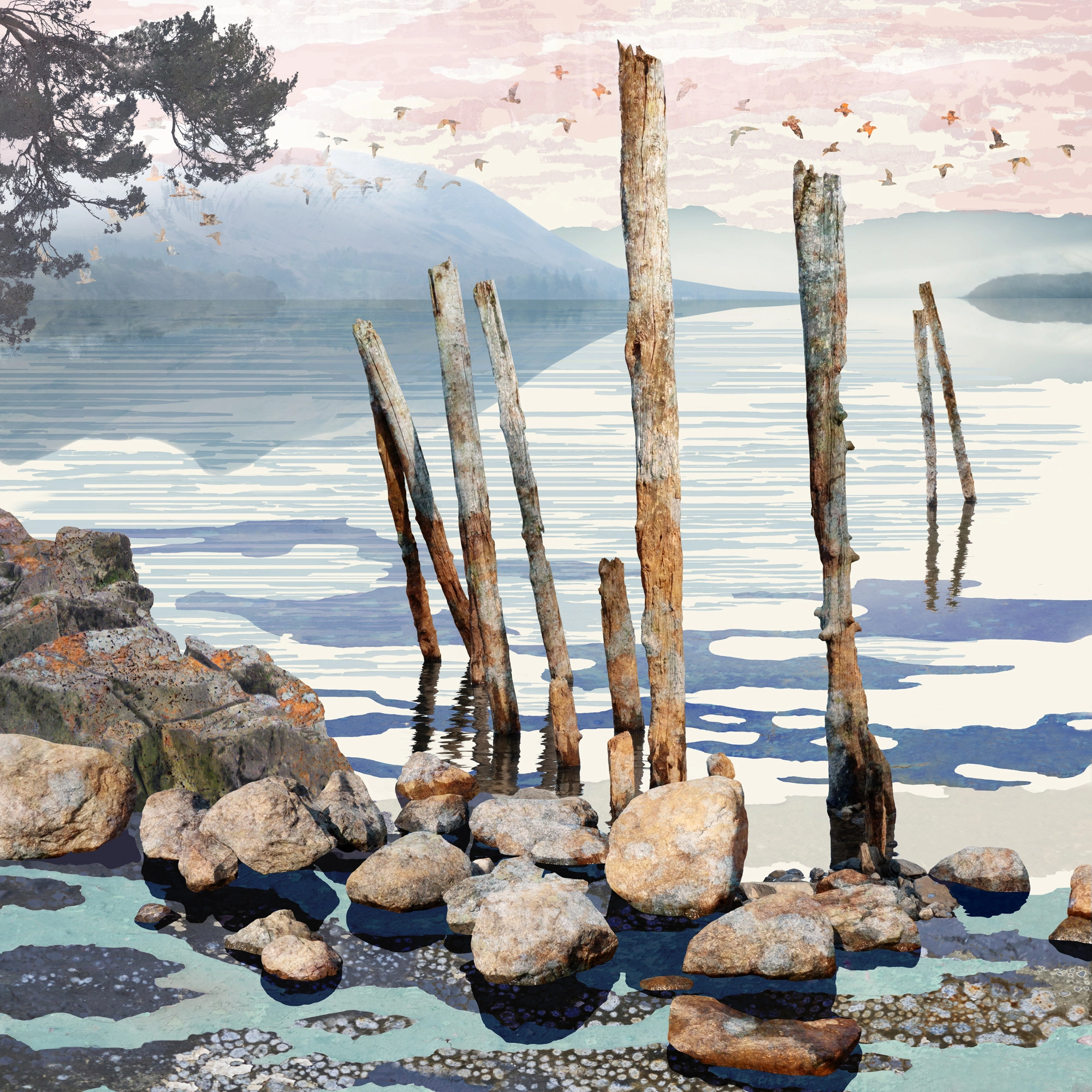 The Waters Edge limited edition print of a lakeside in the lakedistrict made using digital photomontage