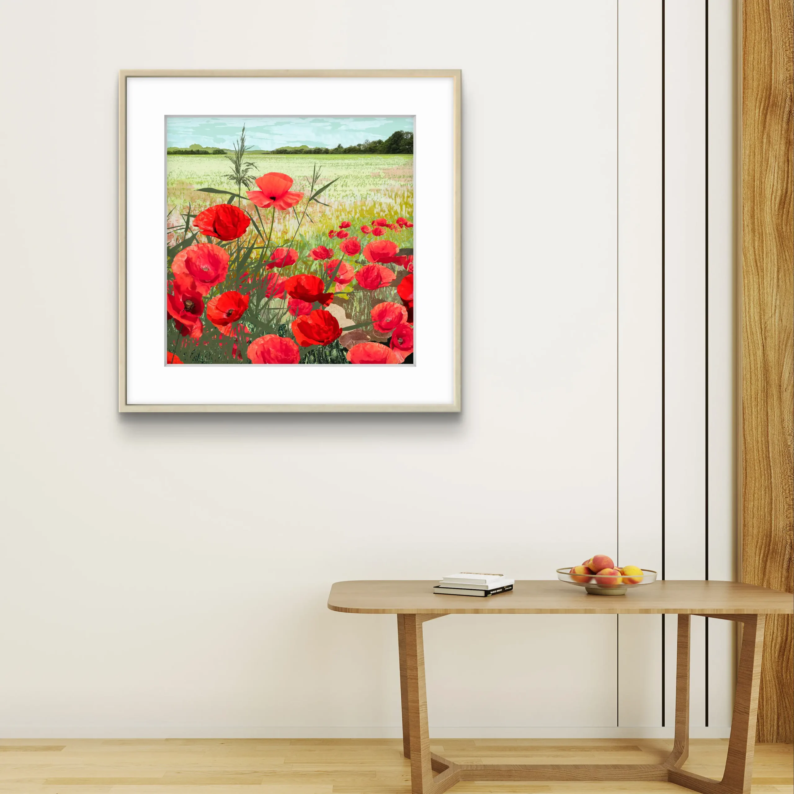Limited edition fine art print of poppies hanging in a frame on wall