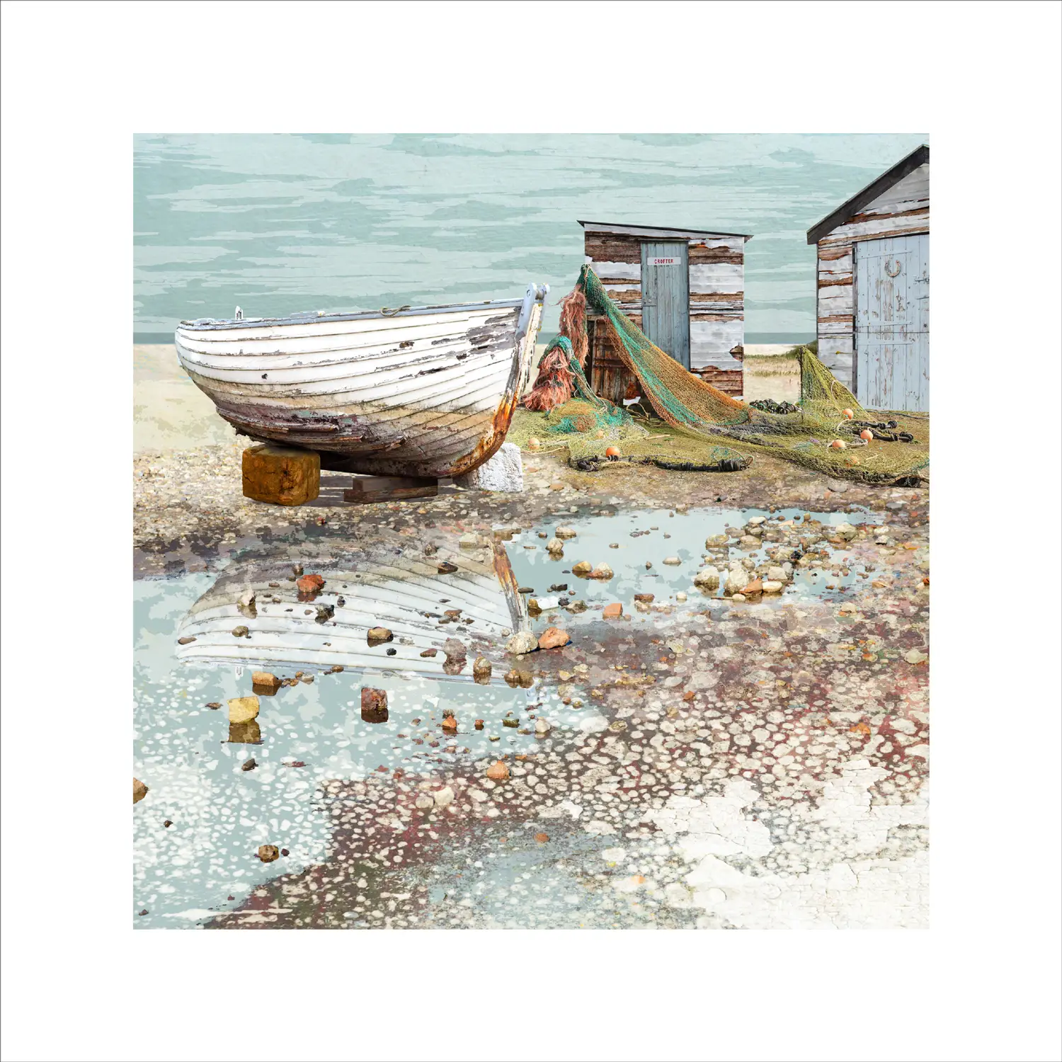 limited edition seascape print inspired by Southwold harbour, showing boat and fishermans hut with beach in the background by artist Claire Gill