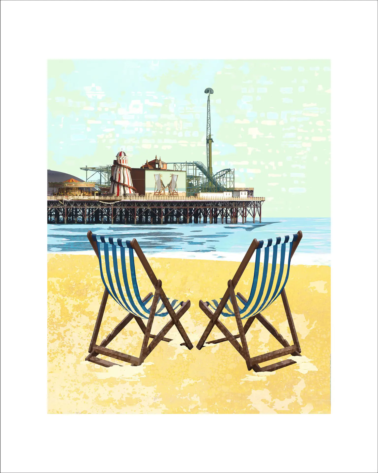 Brighton Beach, deckchair art, limited edition print, finest for interiors, brighton seafront, Claire Gill, buy birghton print