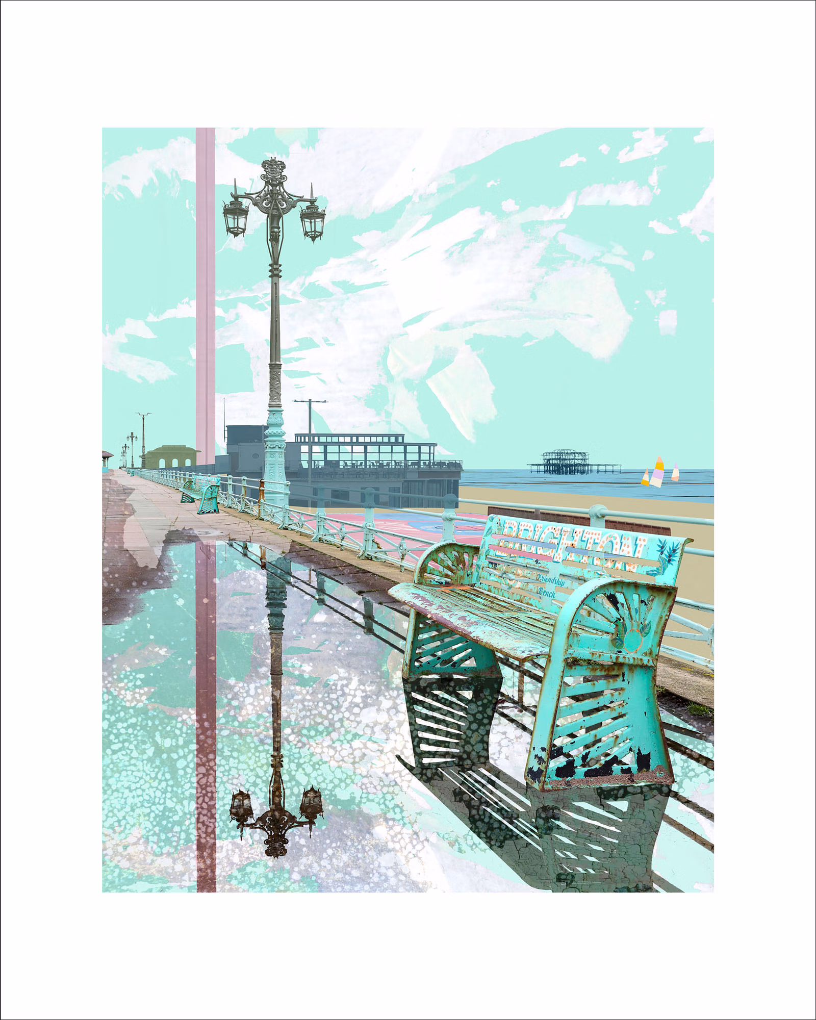 Brighton bench limited eidtion print, digital photomontage artist Claire Gill, limited edition fine art print showing Brighton seafront