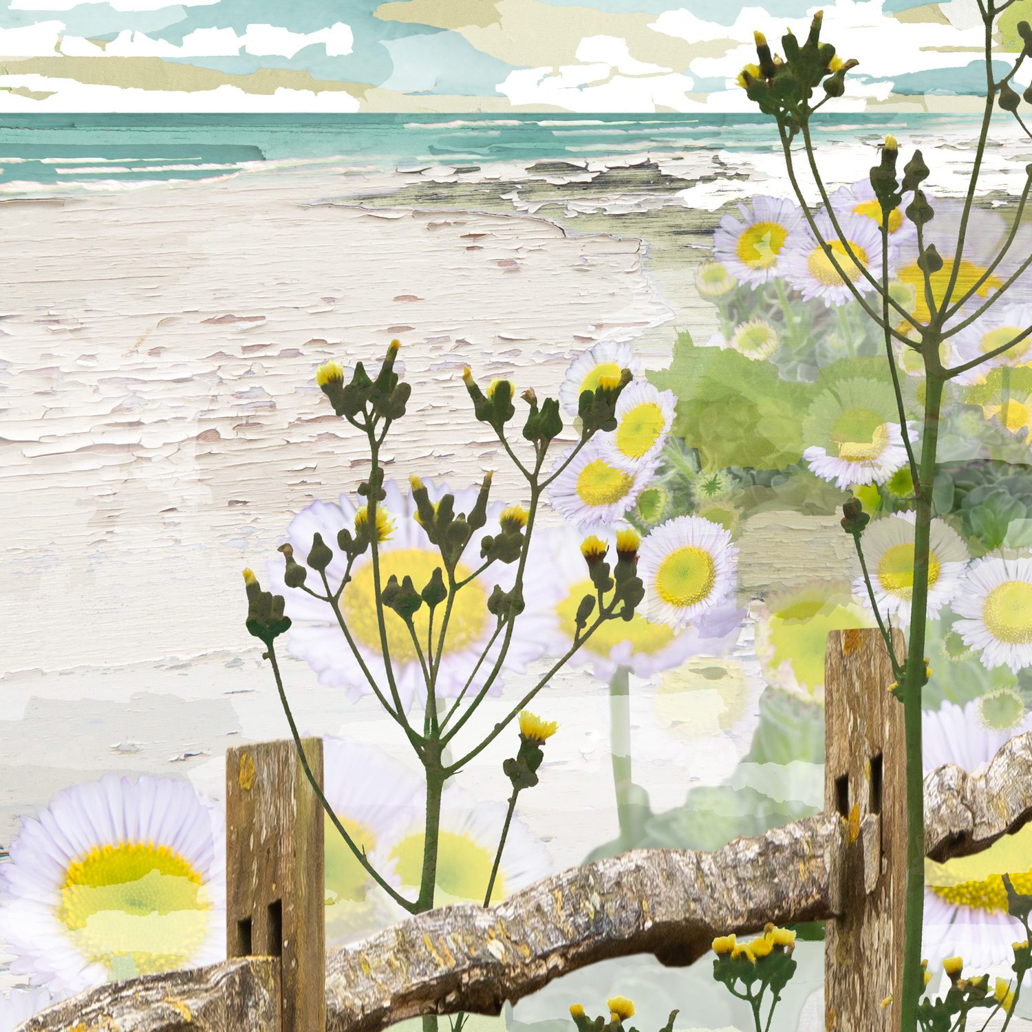Detail of Daisy Haze coastal wildflower print with daisies and layered textures