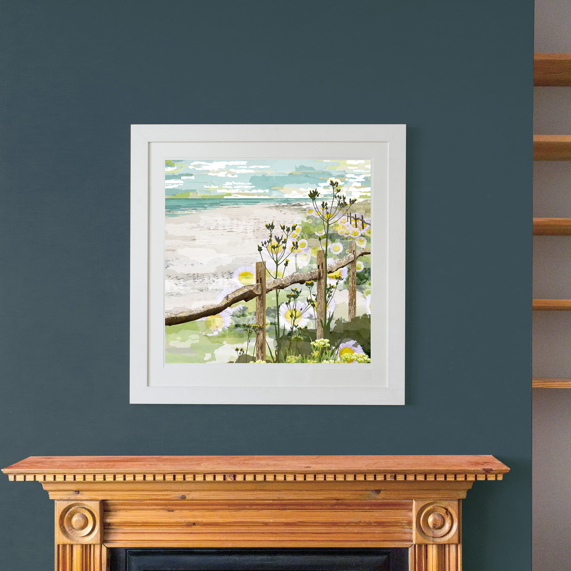 Large print daisy haze wildflower print framed in interior by Claire Gill