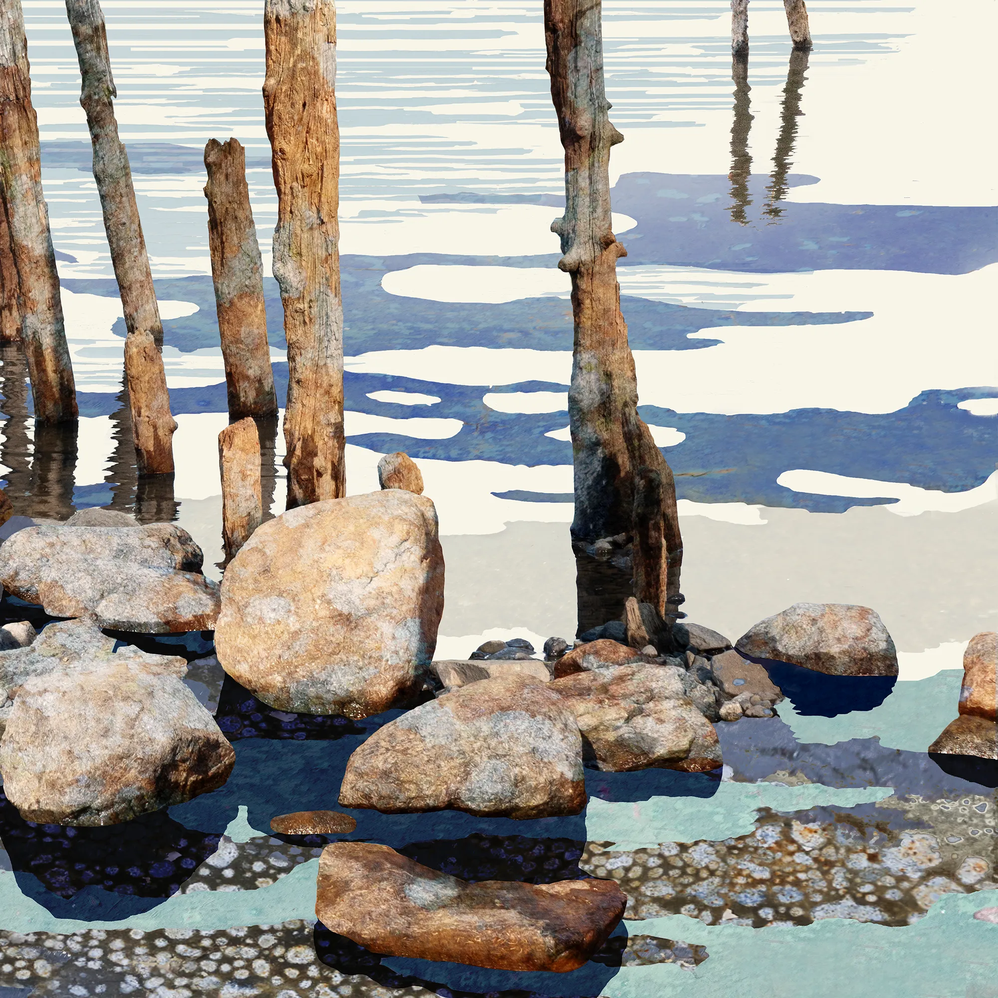 Detail of The Water's Edge showing rocks, wooden posts and reflections