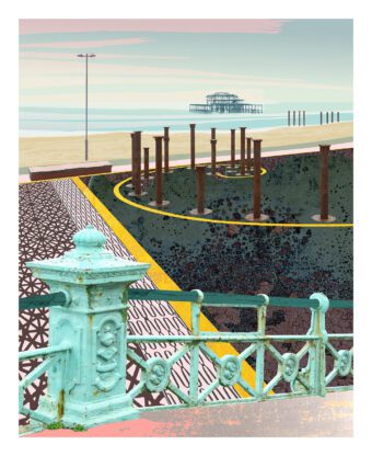 Brighton Balustrade limited edition print with turquoise railings and the West Pier