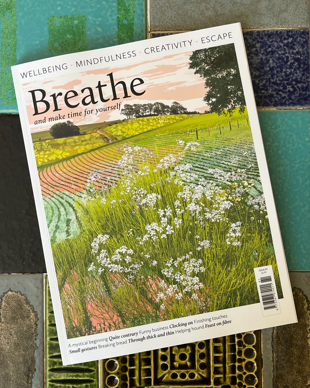 Breathe Magazine front cover Issue 81, The quiet of the evening by artist Claire Gill, green rolling fields, wiltshire landscape