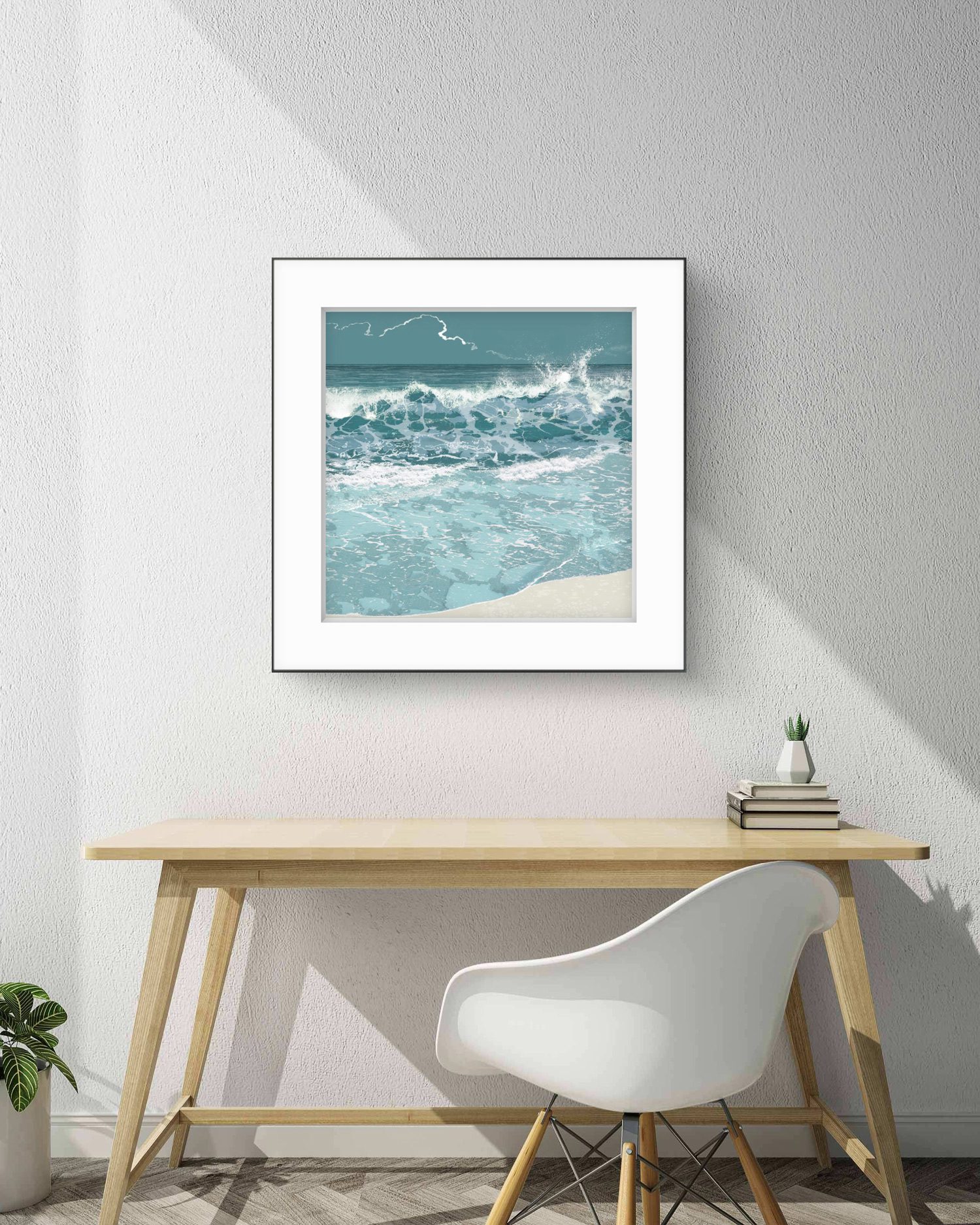 56cm square grey blue ocean wave art print styled on a living room wall