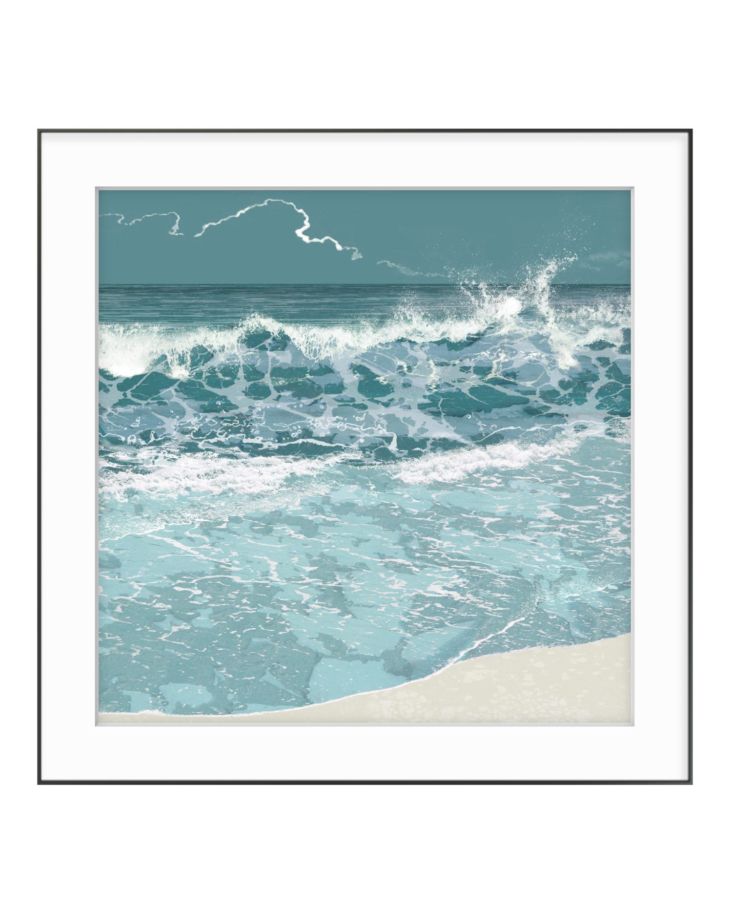 56cm square grey blue ocean wave art print styled in a narrow metal frame for a contemporary look