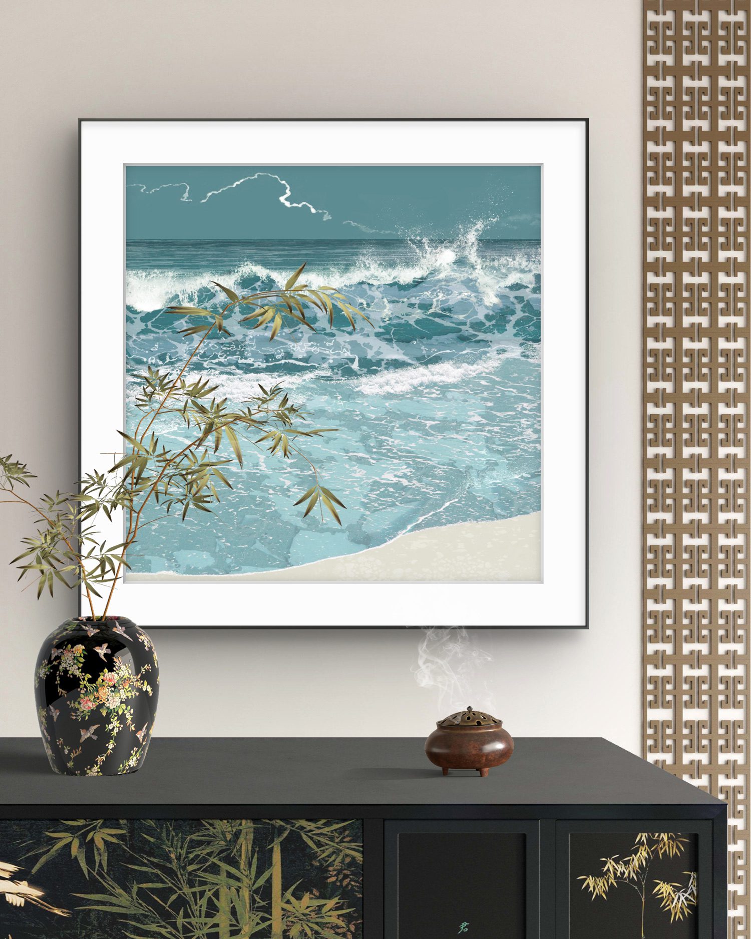 56cm square grey blue ocean wave art print styled on a living room wall