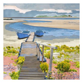Waiting for the Tide coastal boat print with boats, jetty and tidal landscape