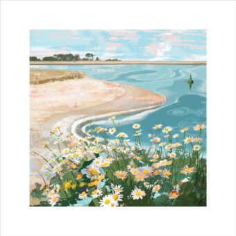 Salt Meadow limited edition print depicting a curvy coastline with flowers on the shore