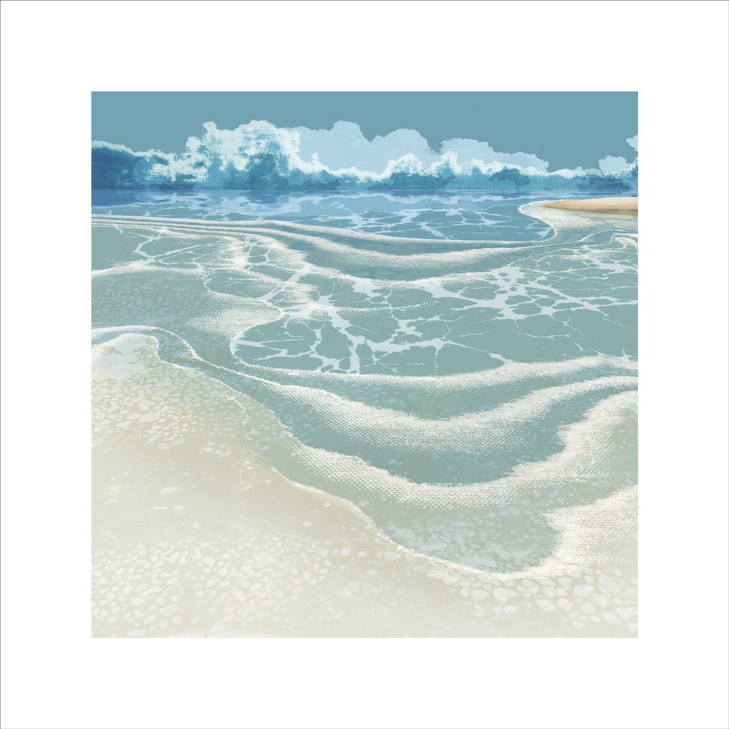 Ebb and Flow limited edition print featuring soft blue waves gently lapping the shore created using original digital photomontage