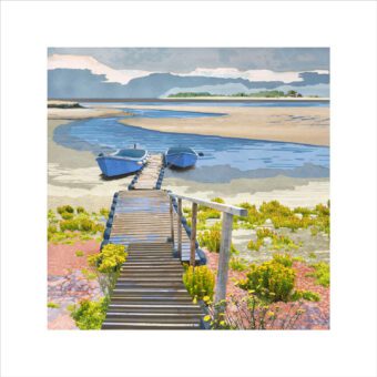 Waiting for the tide limited edition print featuring boats at a jetty and yellow flowers printed on hahnemuhle cotton rag