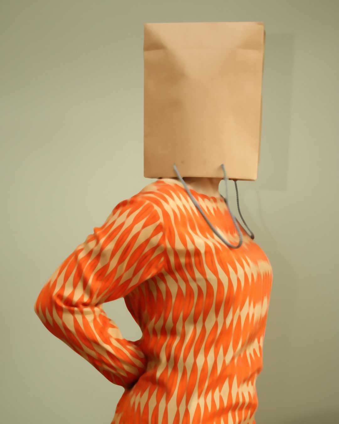 Portrait of woman in an orange top. Her head is covered with a brown paper bag. Portraits for shy people