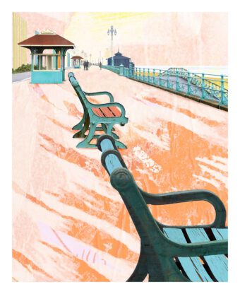 Brighton promenade print featuring seafront benches, turquoise railings and Brighton’s West Pier