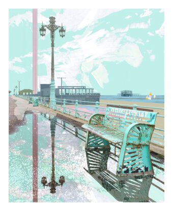 Brighton Bench print featuring a weathered turquoise bench, reflected lamppost and West Pier
