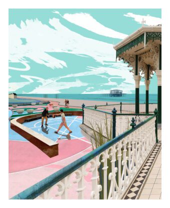 Brighton seafront print featuring basketball players, Victorian railings and the West Pier