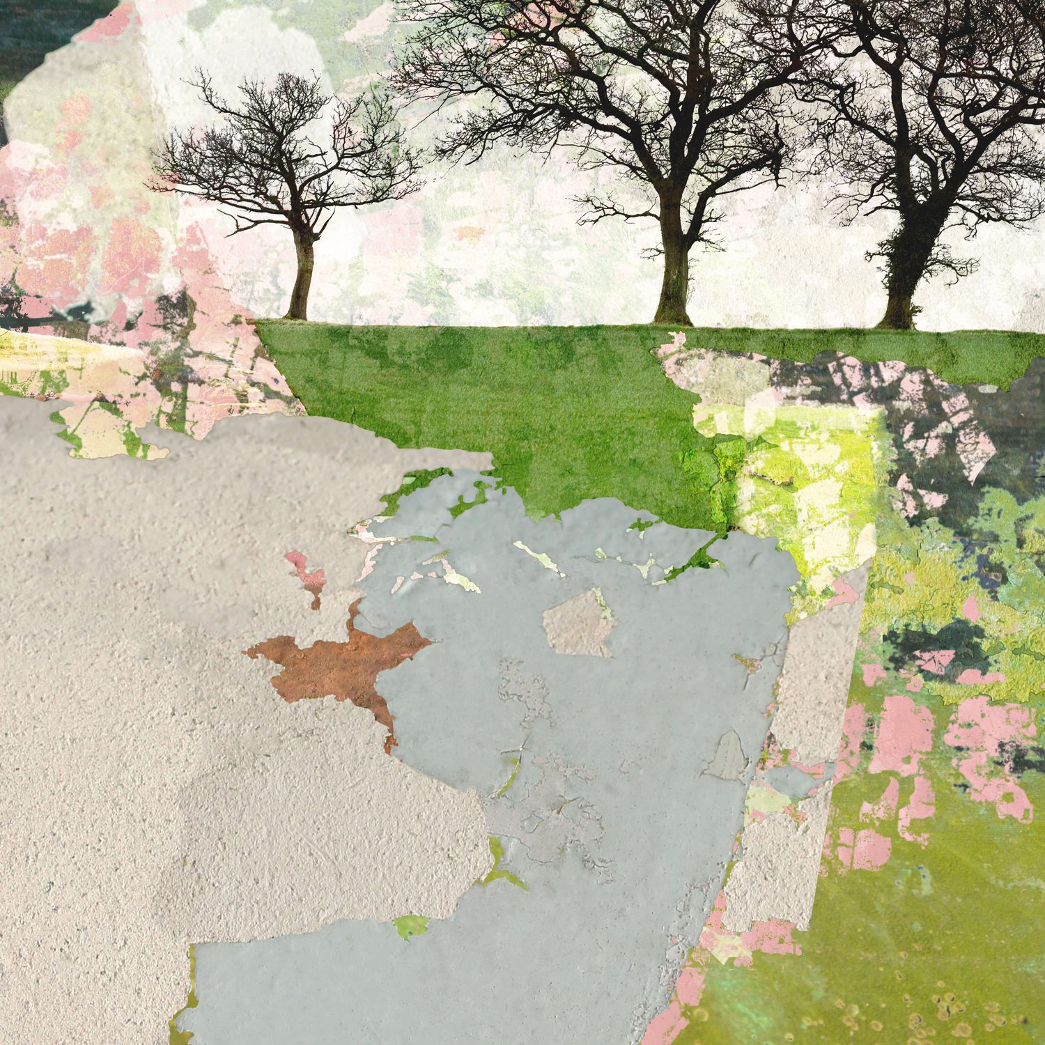 Close-up detail of dark trees, green fields and layered textures in Emerging by Claire Gill