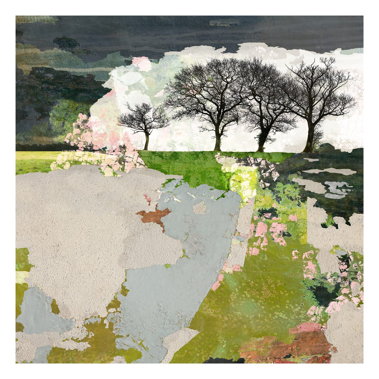 Emerging contemporary countryside print by Claire Gill with dark trees and layered green landscape